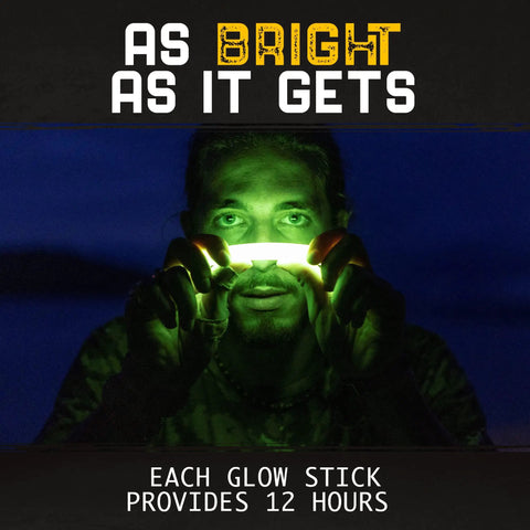 Person in dark holding Ultra Bright Green Glow Sticks Bulk Pack For Parties Camping Emergencies And Survival Kits Visible