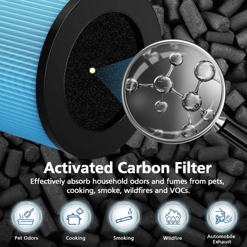 Replacement Filter Duo For Popular Air Purifiers Including MK01 And MK06. Activated carbon filter close-up with odor icons.