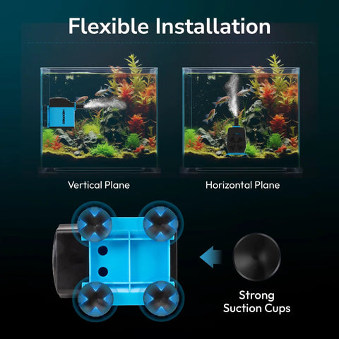 Ultra Quiet 800 GPH Submersible Water Pump with Adjustable Flow installation in fish tank showing suction cup placement and versatility.