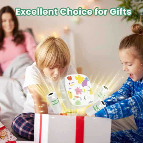Kids unwrapping Portable Mini Sticker Printer With Bluetooth Inkless Thermal Technology, 3 Roll Paper Pack as a gift