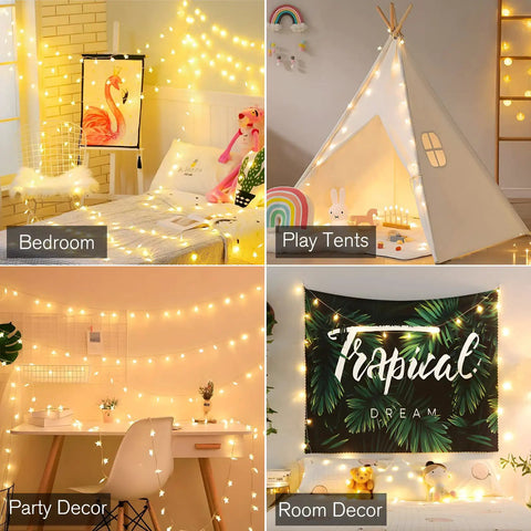 Warm White LED Star String Lights 10 Ft Battery Operated For Indoor Outdoor Decor illuminating various room setups