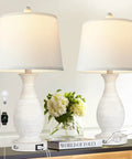 Set Of 2 Farmhouse Table Lamps With USB C And USB A Fast Charging Ports, 26 Inch Tall, 3 Way Dimmable White Fabric Shade shown on a table