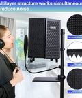 Woman using Pro Grade Microphone Isolation Shield With Pop Filter And Tripod Stand Foldable Studio Shield With Triple Sound Insulation And High Density Acoustic Foam for podcasting, showing design and layers.