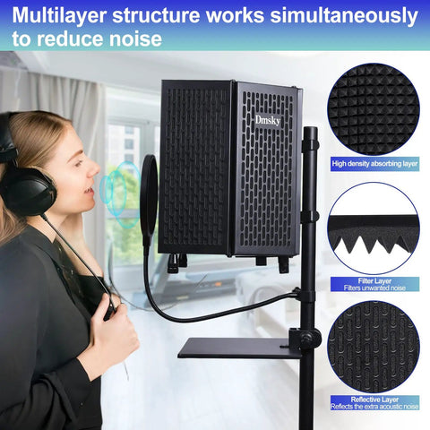 Woman using Pro Grade Microphone Isolation Shield With Pop Filter And Tripod Stand Foldable Studio Shield With Triple Sound Insulation And High Density Acoustic Foam for podcasting, showing design and layers.