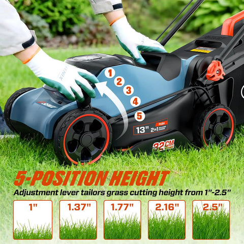 Cordless 20V 13 Inch Lawn Mower With 2 In 1 Mulching And Bagging Five Height Settings From 1 To Two And A Half Inches Powerful 3500 RPM Motor For Quick Yard Work Lightweight Electric Push Mower For Small To Medium Yards, 5-height adjustment