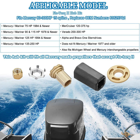 Flo Torq II Hub Kit Replacement For Mercury Outboard Motors 60 300 HP Compatible With Mercruiser Alpha One And Bravo One Drives 15 Spline Tooth Propeller Hub Adapter For Quick Install diagram showing applicable models and components.