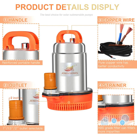 Solar Water Pump 300W DC 12V 2 Inch Submersible Deep Well Kit For Farm Or Ranch, Plug And Play Setup, pump features overview
