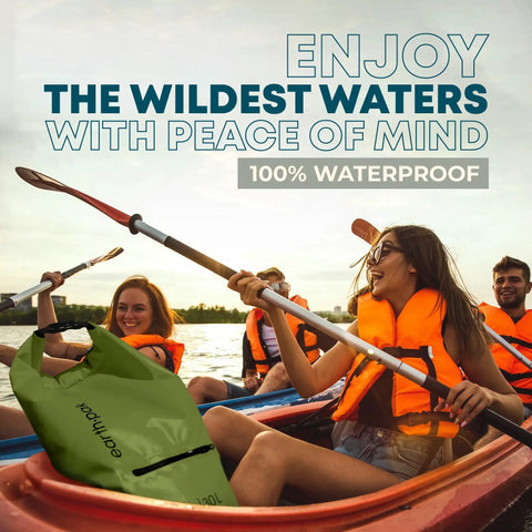 Group kayaking with Waterproof Dry Bag 20L with front zip pocket and phone case, visible on boat, heavy duty 500D PVC.