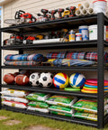 Beefy Heavy-Duty 5 Tier Garage Shelving Unit With Adjustable Shelves For Garage Workshop Basement Or Warehouse 84H X 55.03W X 24D Inches Industrial Storage Racking, loaded with tools and sports items outdoors.