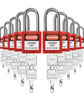 10 Red Lockout Tagout Padlocks Set Keyed Differently With Two Keys Each Rugged Nylon Body Stainless Steel Shackle Heavy Duty And Chemical Resistant OSHA Compliant LOTO Locks For Lockout Stations And Industrial Devices