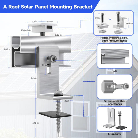 Diagram of Heavy Duty Aluminum Solar Panel Mounting Brackets Kit 10 Pack For Flat And Pitched Roofs with component details.