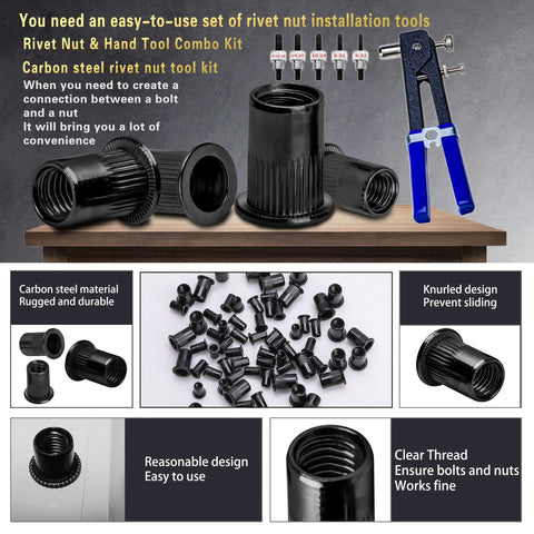 Rivet Nut Tool Kit For Furniture Automotive Marine And Industrial Projects Pro Grade SAE Black Carbon Steel Rivnut Set