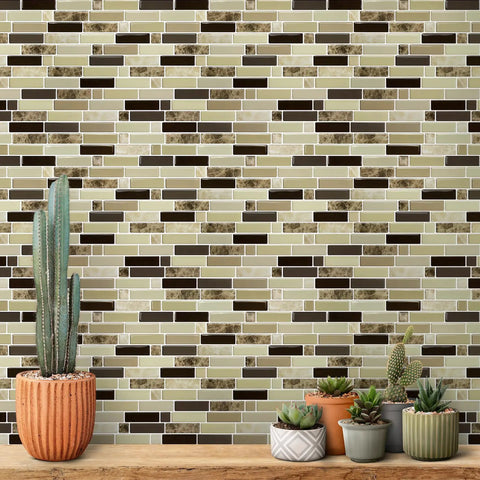 12x12 Peel And Stick Kitchen Backsplash Tiles Self Adhesive Easy Install DIY Friendly No Mess For Kitchen And Bathroom 10 Sheets Eco Friendly 40 Percent More Coverage Per Pack in Marble Brown, with potted succulents on a wooden surface