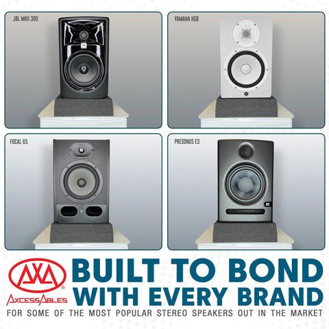 Pro Grade Studio Monitor Isolation Pads For 3 To 5 Inch Speakers High Density Acoustic Foam Risers shown with various speaker brands.