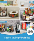 Fridge Spice Lazy Susan Organizer With 360 Degree Rotation in use on cupboard, fridge, and countertop with condiments.