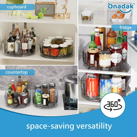 Fridge Spice Lazy Susan Organizer With 360 Degree Rotation in use on cupboard, fridge, and countertop with condiments.