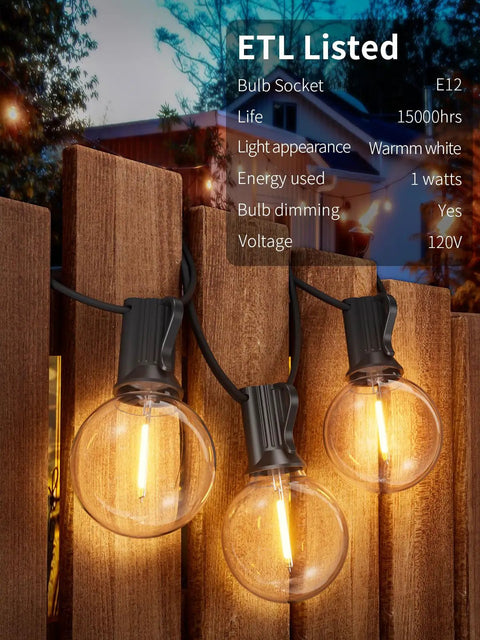 Outdoor String Lights 200 Ft Waterproof Shatterproof Globe Bulbs 104 LED Easy Install Connectable End To End Dimmable Warm White 2700K For Patio Backyard Cafe Market Outdoor Decor glowing on wooden fence