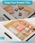 Level Up Your Vanity Game With This 10 Piece Clear Drawer Organizer Set, After and Before close-up of organized makeup storage.