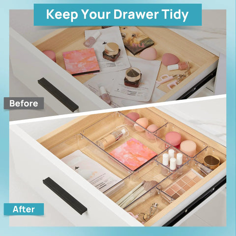 Level Up Your Vanity Game With This 10 Piece Clear Drawer Organizer Set, After and Before close-up of organized makeup storage.