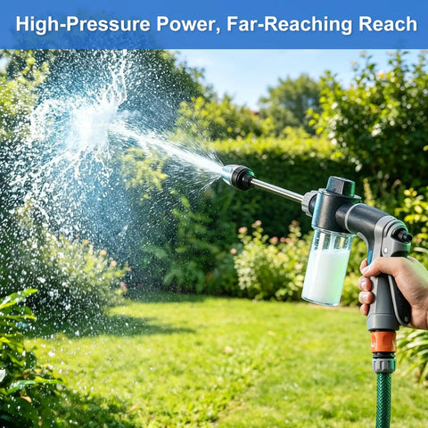 Heavy Duty Pressure Washer Gun With Three Spray Modes, Three Quarter Inch Hose Connection in use for garden cleaning