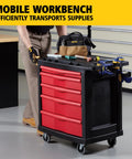 Mobile Tool Work Center On Wheels With 5 Drawers And 250 LB Capacity Built From High Density Structural Foam For Rugged Rust Proof Durability In Warehouse Garage And Maintenance Tasks Plus A Bright Red Locking Cabinet, front view