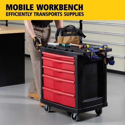 Mobile Tool Work Center On Wheels With 5 Drawers And 250 LB Capacity Built From High Density Structural Foam For Rugged Rust Proof Durability In Warehouse Garage And Maintenance Tasks Plus A Bright Red Locking Cabinet, front view