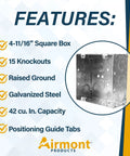 Sturdy 4-11/16 Inch Square Electrical Box Set features list with image of welded metal junction box, raised ground, knockouts visible.