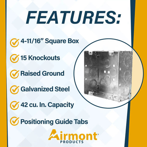 Sturdy 4-11/16 Inch Square Electrical Box Set features list with image of welded metal junction box, raised ground, knockouts visible.