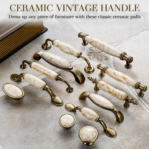2 Pack Solid Marble Vein Ceramic Drawer Pulls 5 Inch Vintage Antique Brass Cabinet Handles sweet upgrade displayed on a surface.