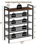 Five Tier Metal Shoe Rack With Wooden Top And Adjustable Mesh Shelves For Entryway Or Closet, Large Capacity Displayed