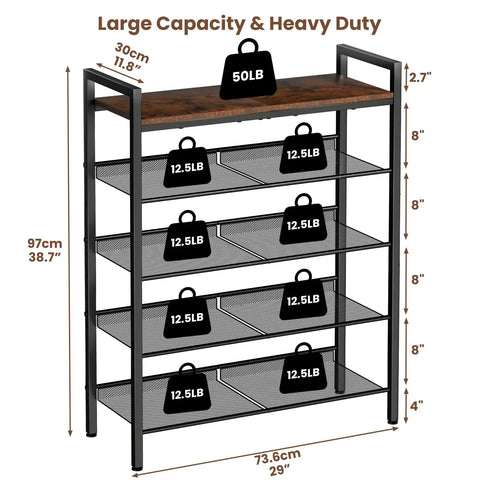 Five Tier Metal Shoe Rack With Wooden Top And Adjustable Mesh Shelves For Entryway Or Closet, Large Capacity Displayed