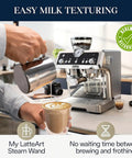 Level Up Your Brew Game With This Certified Renewed Barista Espresso Machine Featuring An Integrated Burr Grinder And Smart Tamping Station For Kickin Daily Shots That Hit Different, metal milk pitcher pouring milk into cup.