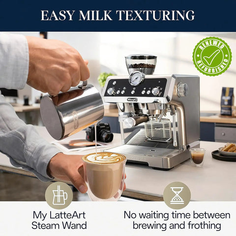 Level Up Your Brew Game With This Certified Renewed Barista Espresso Machine Featuring An Integrated Burr Grinder And Smart Tamping Station For Kickin Daily Shots That Hit Different, metal milk pitcher pouring milk into cup.