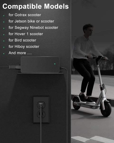 Five In One Universal Scooter Charger With 42V 2A Output, 9.8 Foot Cable, LED Indicator, DC 5.5x2.5mm Or 5.5x2.1mm Connectors, 8mm RCA, 8mm 3 Prong, 12mm 3 Prong And XLR, Works With Gotrax Segway Ninebot Hiboy Bird And More 36V Scooters
