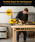 Man using 12 Outlet Heavy Duty Metal Power Strip With Surge Protector 15 Foot Extension Cord in workshop