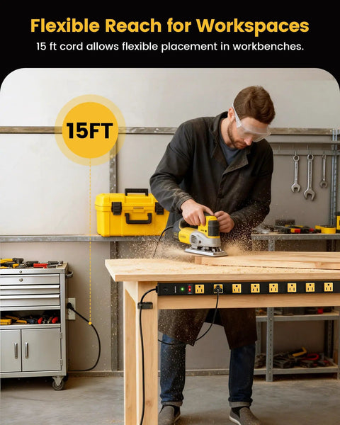 Man using 12 Outlet Heavy Duty Metal Power Strip With Surge Protector 15 Foot Extension Cord in workshop