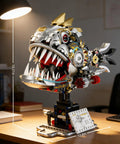 Mechanical Piranha Building Set With Multi Joint Linkage Fish That Works With Lego Animal Bricks Dope For Book Shelves Or Home Office Decor STEM Ocean Creature Toy For Boys Age 8 Plus Creative Gift For Fish Lovers on desk, 10.31in tall
