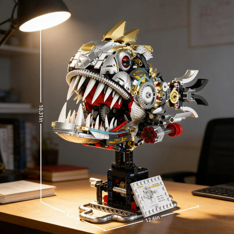 Mechanical Piranha Building Set With Multi Joint Linkage Fish That Works With Lego Animal Bricks Dope For Book Shelves Or Home Office Decor STEM Ocean Creature Toy For Boys Age 8 Plus Creative Gift For Fish Lovers on desk, 10.31in tall