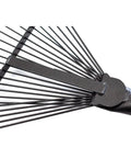 Close-up of Heavy Duty Metal Leaf Rake With 24 High Carbon Tines And Fiberglass Handle For Leaves, Debris, And Thatching In Lawns And Gardens