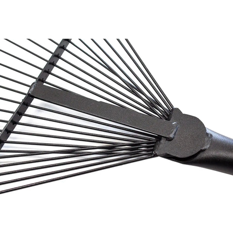 Close-up of Heavy Duty Metal Leaf Rake With 24 High Carbon Tines And Fiberglass Handle For Leaves, Debris, And Thatching In Lawns And Gardens