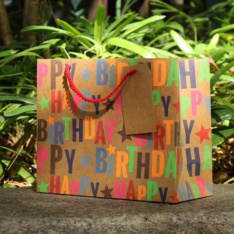 Large Kraft Birthday Gift Bag With Tissue Paper And Card 13 Inch Wide Horizontal Gift Tote With Colorful Happy Birthday Stars Design