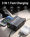 Heavy Duty 200W Car Power Inverter 12V To 120V AC charging a phone and wireless earbuds with dual USB ports.