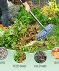Adjustable 17 To 63 Inch Thatch Rake With 24 Steel Tines collecting debris and leaves in a garden, lightweight ergonomic yard tool.