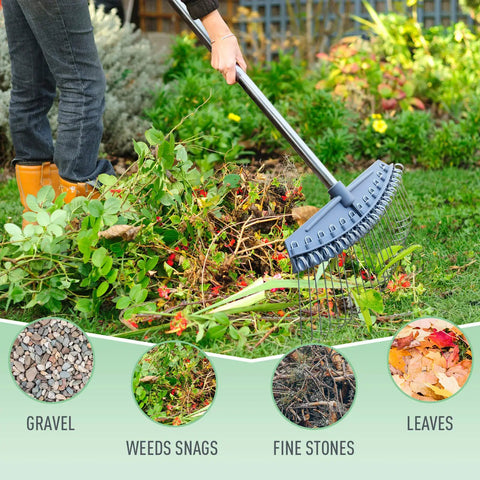 Adjustable 17 To 63 Inch Thatch Rake With 24 Steel Tines collecting debris and leaves in a garden, lightweight ergonomic yard tool.