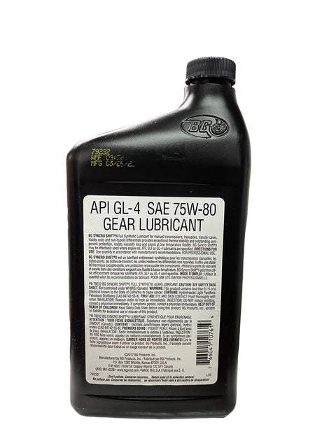 BG Syncro Shift II gear lubricant bottle, black plastic container with API GL-4 SAE 75W-80 gear lubricant label