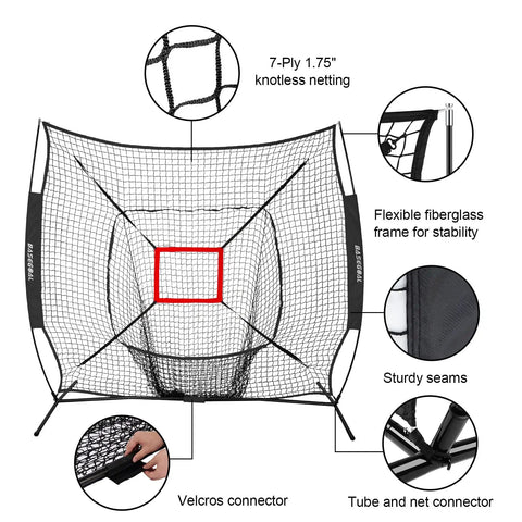7X7 Baseball Practice Net Featuring Adjustable Strike Zone And Height Adjustable Tee For Backyard Ballers, knotless netting details.