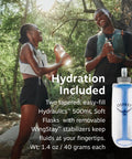 Two runners wearing the Duro 1.5L Mens Running Hydration Vest With Hydraulics Soft Flasks in a forest setting.