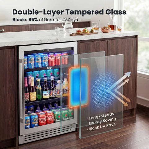 Under Counter Beverage Refrigerator With Glass Door 24 Inch 180 Can Beer Cooler, Temperature Range 34-54 Degrees Fahrenheit, Built-In Drink Fridge in kitchen with UV glass