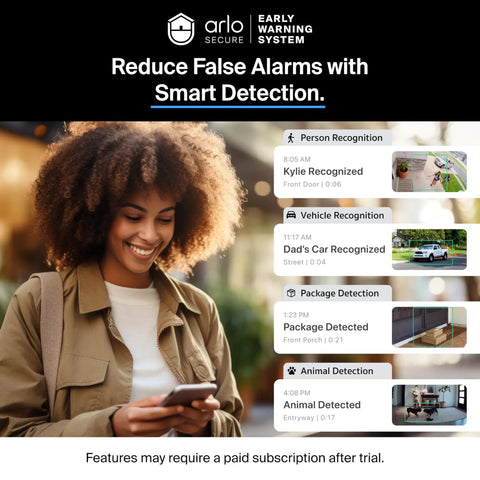 Person using phone with Arlo's smart detection alerts for person, vehicle, package, and animal recognition displayed on screen.