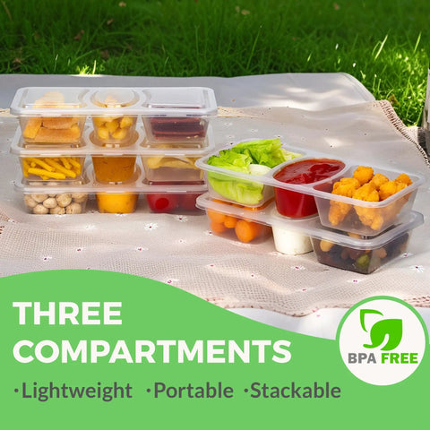 8 Oz Reusable Snack Containers With Lids Three Compartment Snack Pack Set BPA Free Food Grade PP5 on picnic blanket